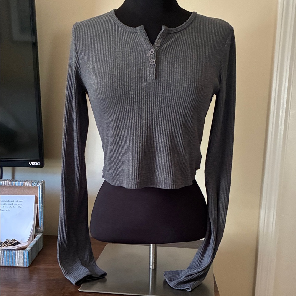 Charcoal Long Sleeve Ribbed Henley Top